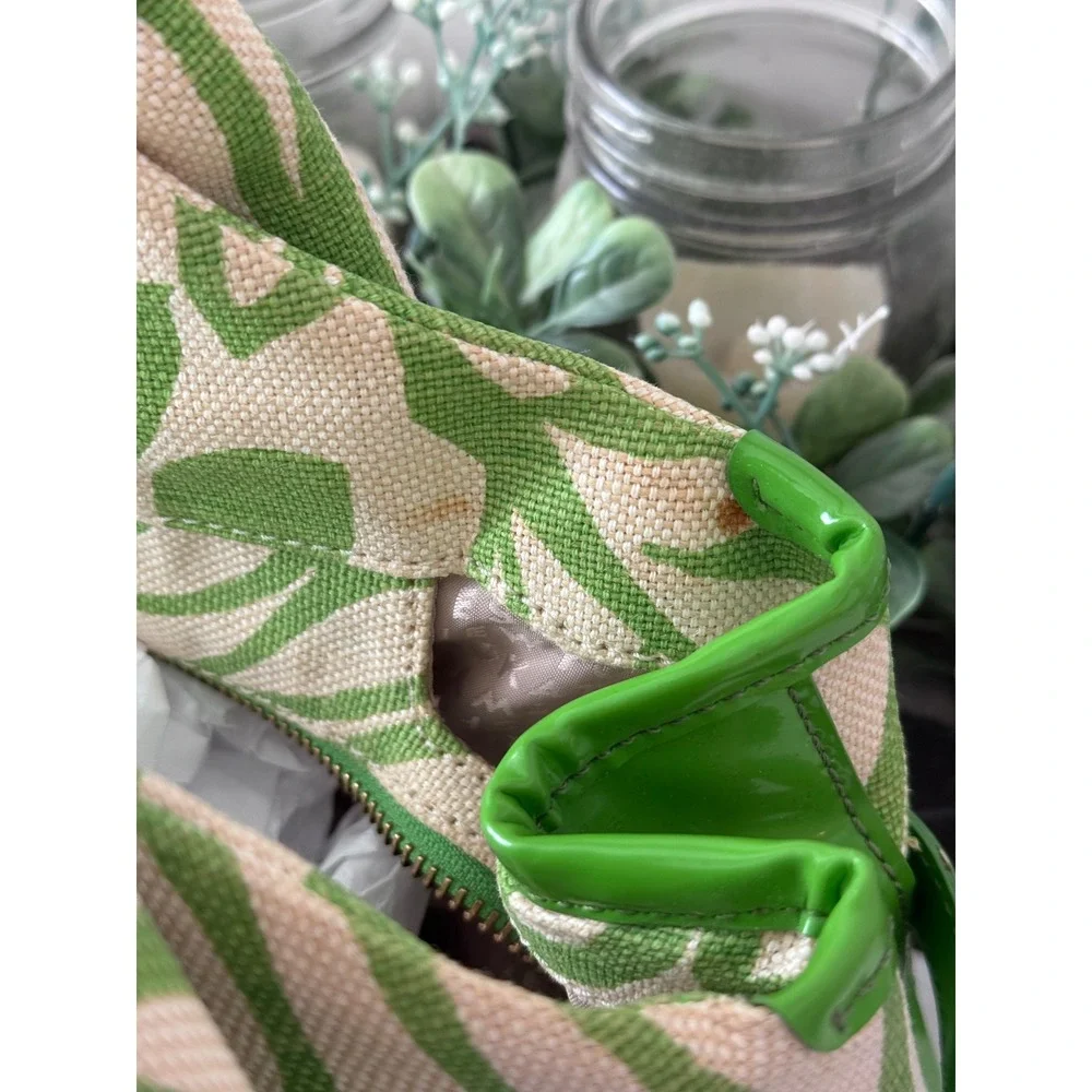 Kate Spade Green Tropical Leaf Print Canvas Tote Bag Patent Leather Trim